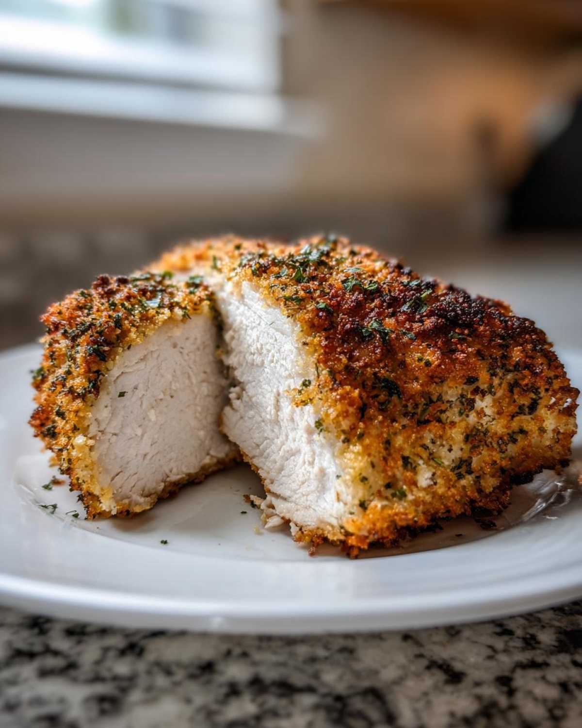 Cross-section of a juicy parmesan crusted chicken breast showing the white, fully cooked interior and golden crust.