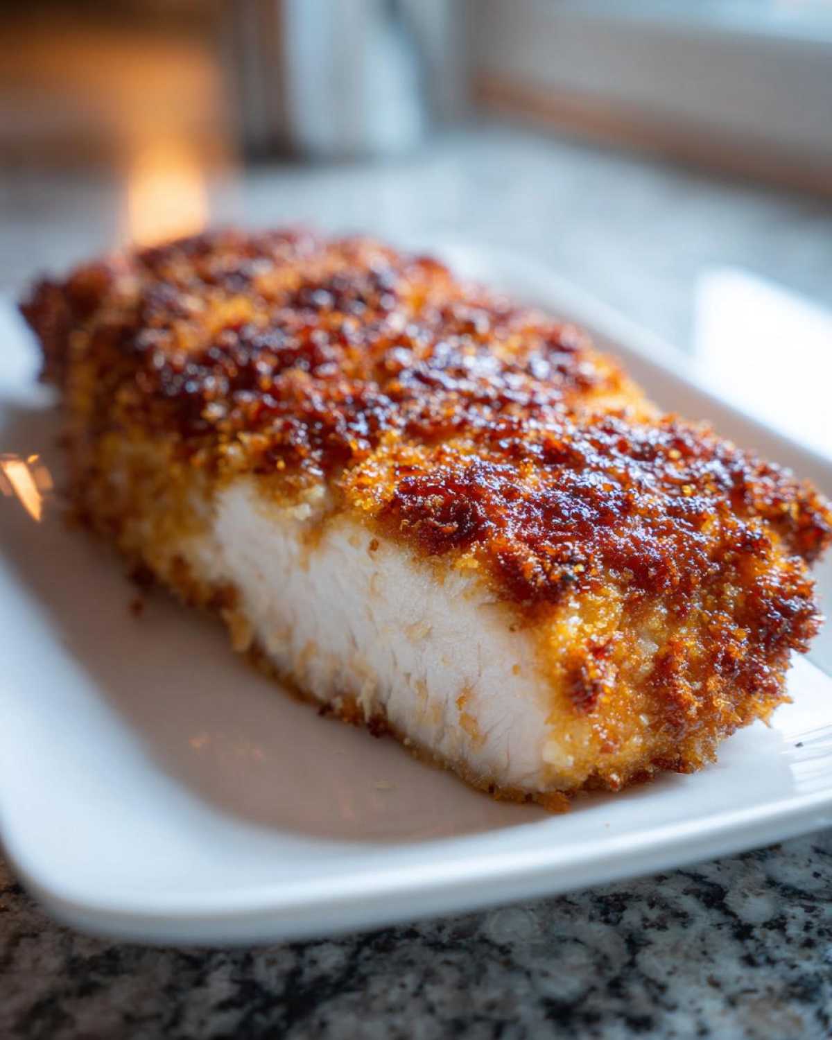 Close-up of a thick slice of parmesan crusted chicken showing the golden brown crust and juicy white interior.