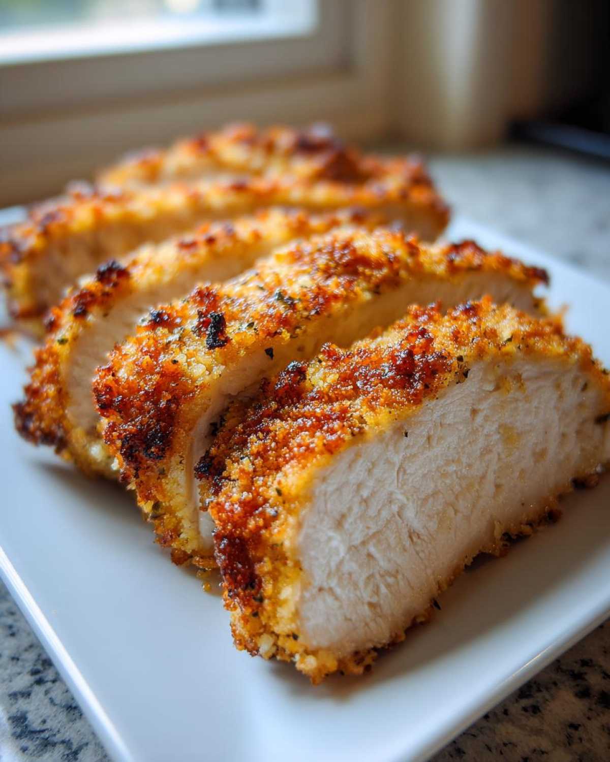 Close-up of sliced parmesan crusted chicken showing the crispy golden crust and juicy white interior.