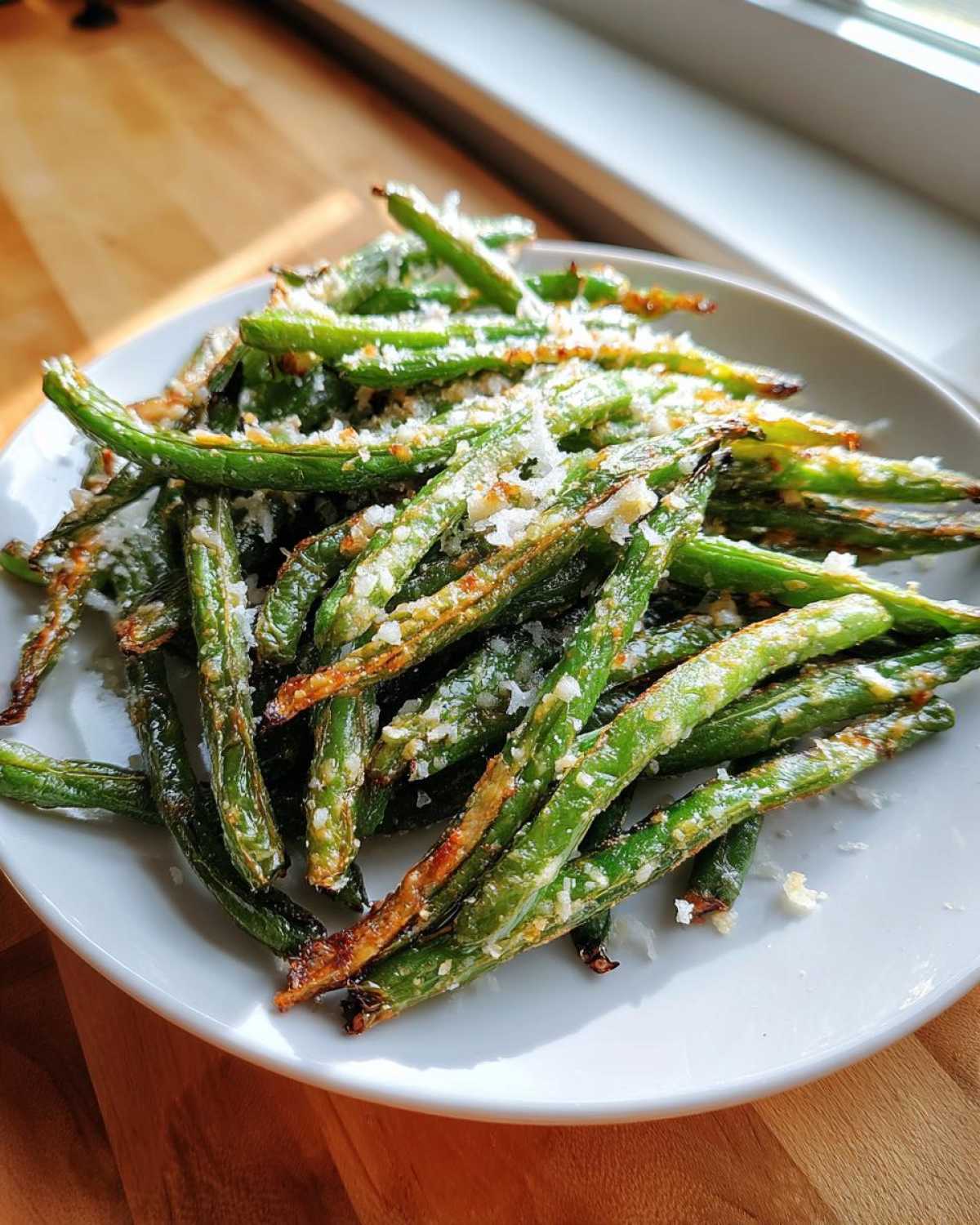 A plate piled high with roasted green beans topped generously with grated Parmesan cheese.