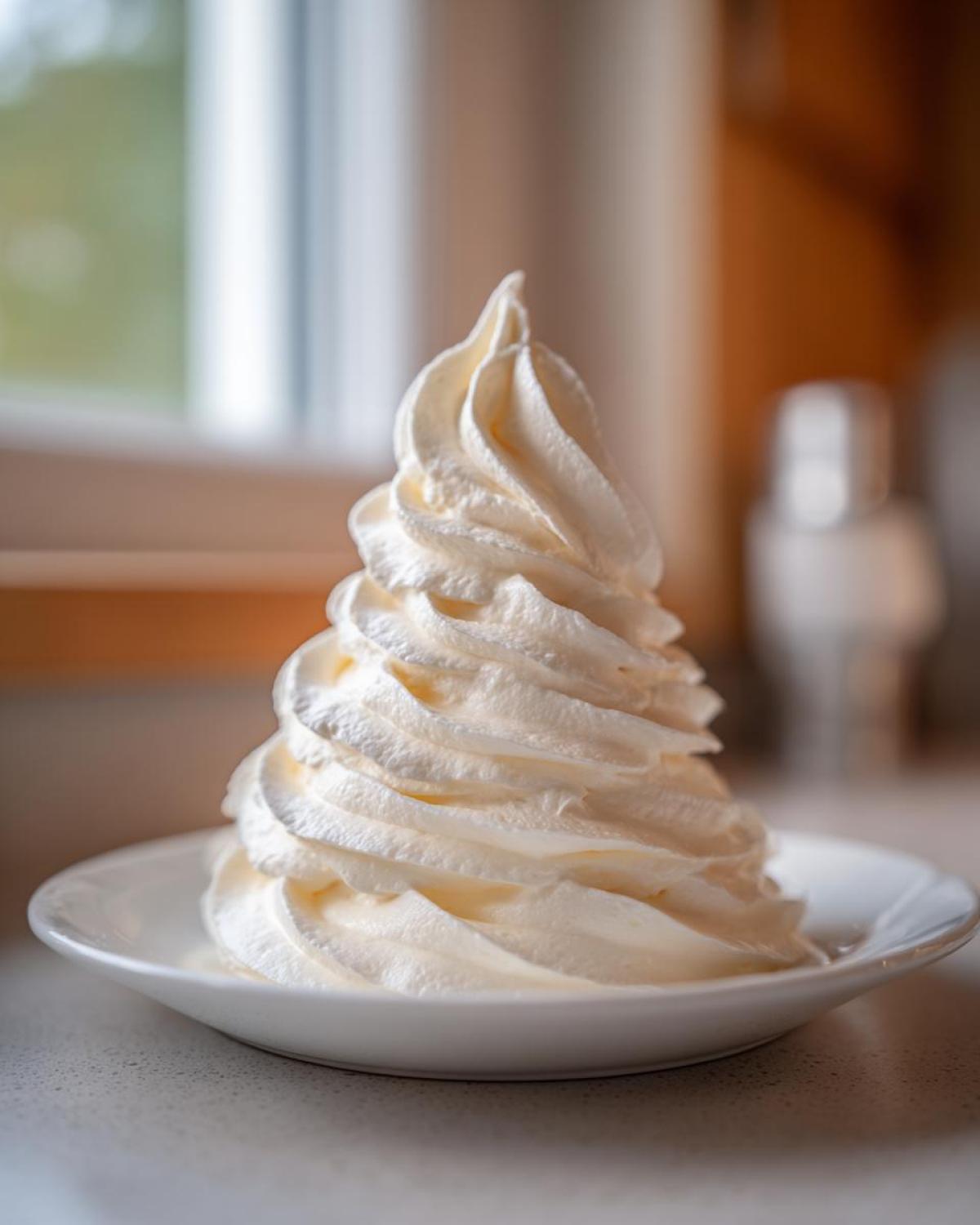 A tall, perfectly piped swirl of fluffy white cream cheese frosting sitting on a small white saucer.