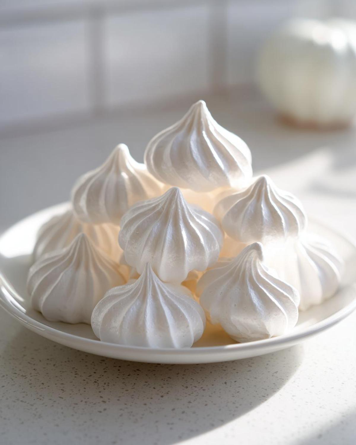 A pile of perfectly piped, glossy white meringue cookies stacked on a small white plate.