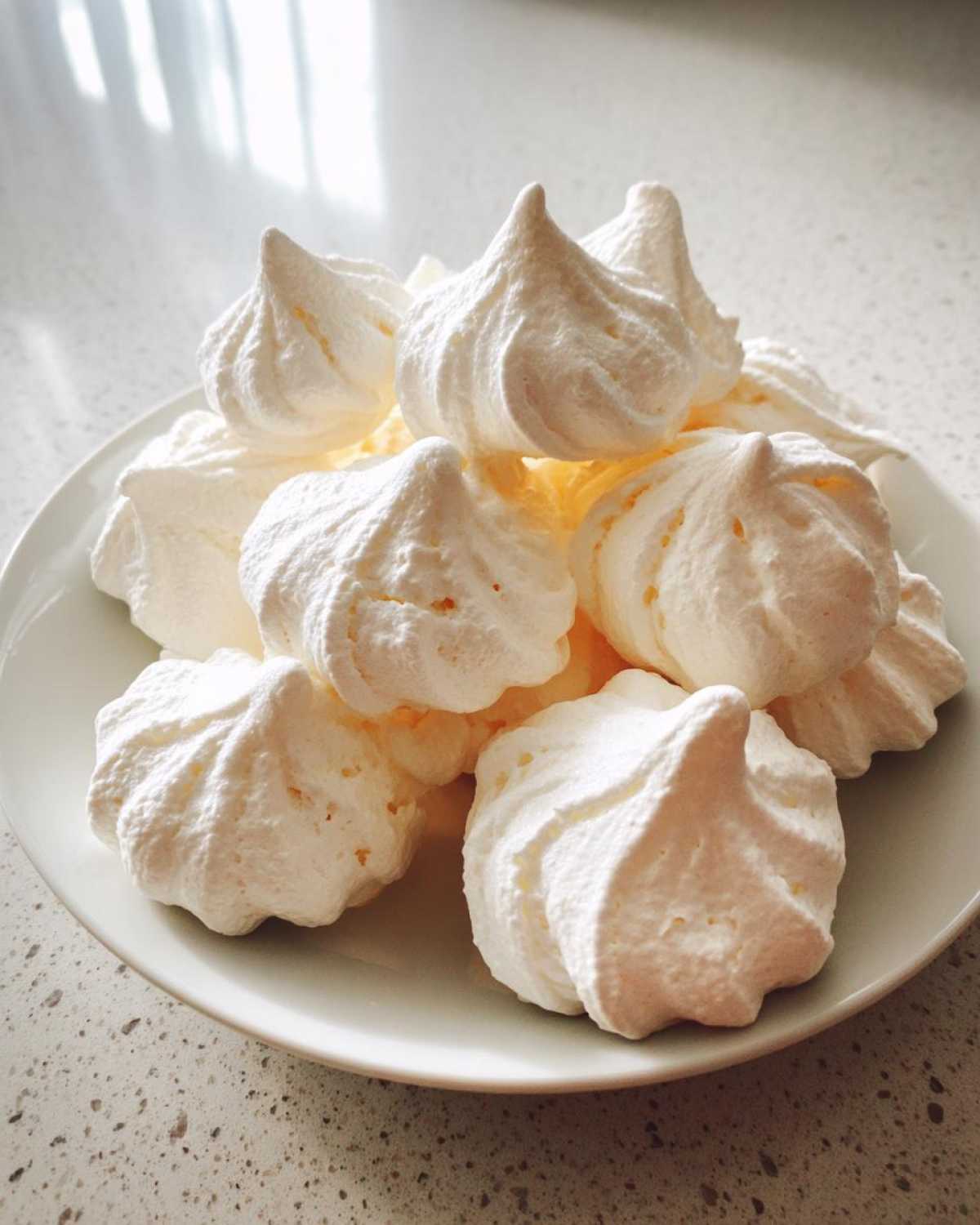 A pile of freshly piped, crisp white meringue cookies stacked on a light-colored plate.