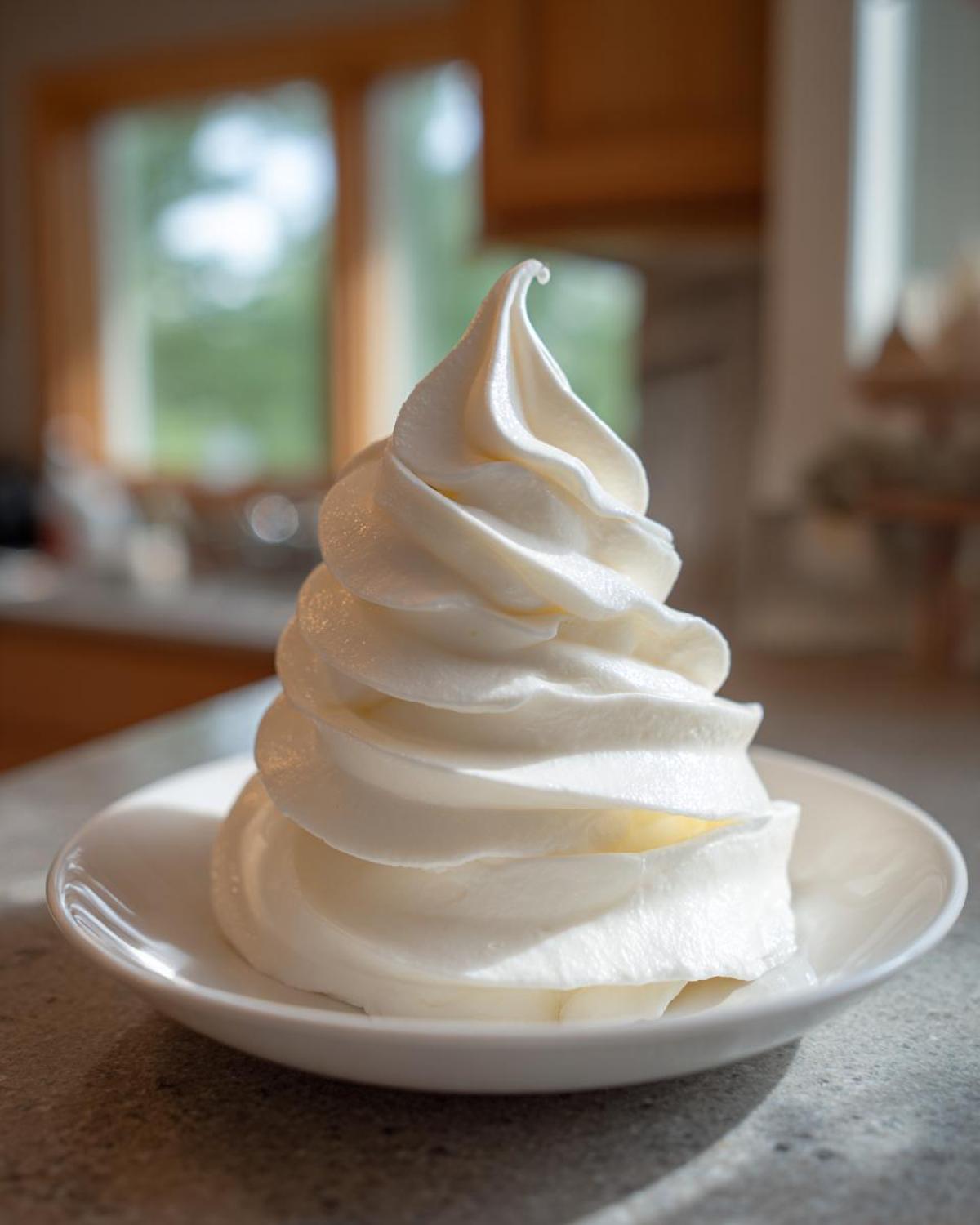A tall, perfectly piped swirl of smooth, white cream cheese frosting served in a small white dish.