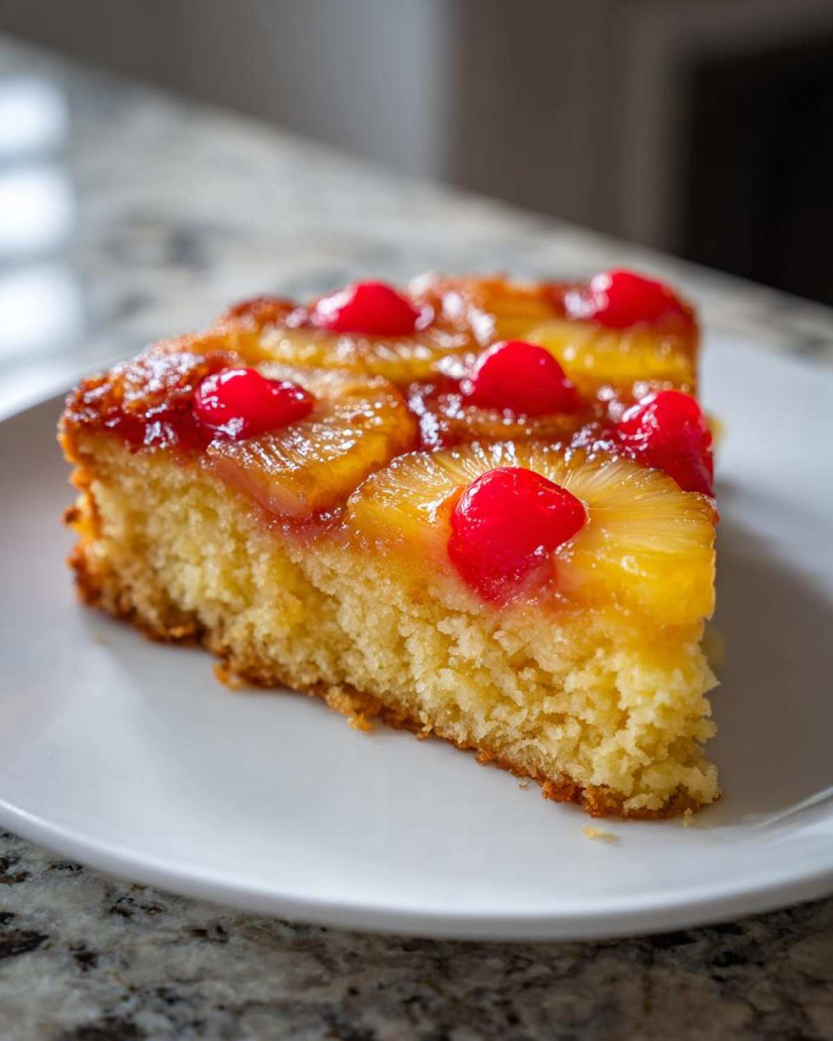 A close-up shot of a moist slice of pineapple upside down cake topped with caramelized pineapple rings and bright red maraschino cherries.