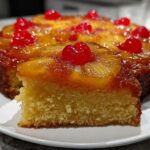 A slice cut from a moist pineapple upside down cake, showing the caramelized topping and fluffy cake base.