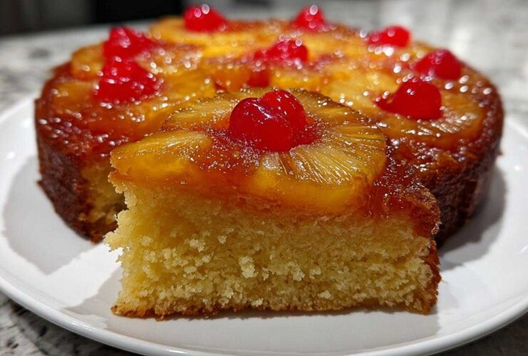 A slice cut from a moist pineapple upside down cake, showing the caramelized topping and fluffy cake base.