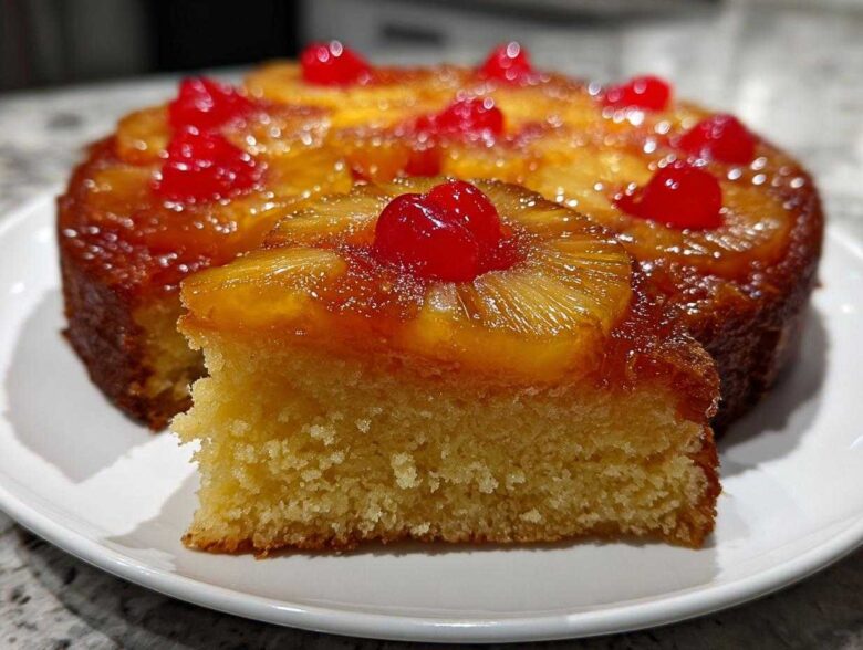 A slice cut from a moist pineapple upside down cake, showing the caramelized topping and fluffy cake base.