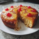 A whole pineapple upside down cake with a slice removed, showing the moist crumb and caramelized pineapple topping.