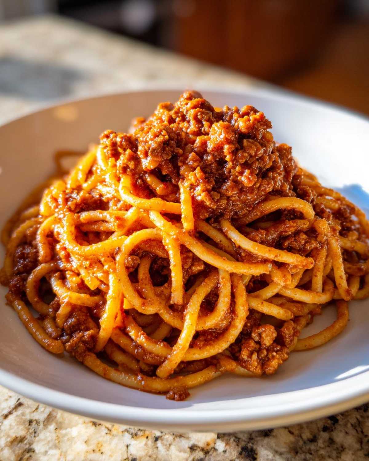 A close-up of thick pasta generously topped with rich, meaty bolognese sauce in a white bowl.