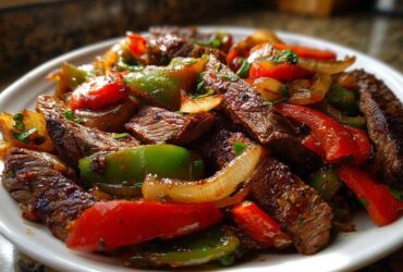 Close-up of sizzling steak fajitas featuring sliced beef, red and green bell peppers, and onions on a white plate.