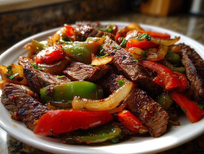 Close-up of sizzling steak fajitas featuring sliced beef, red and green bell peppers, and onions on a white plate.