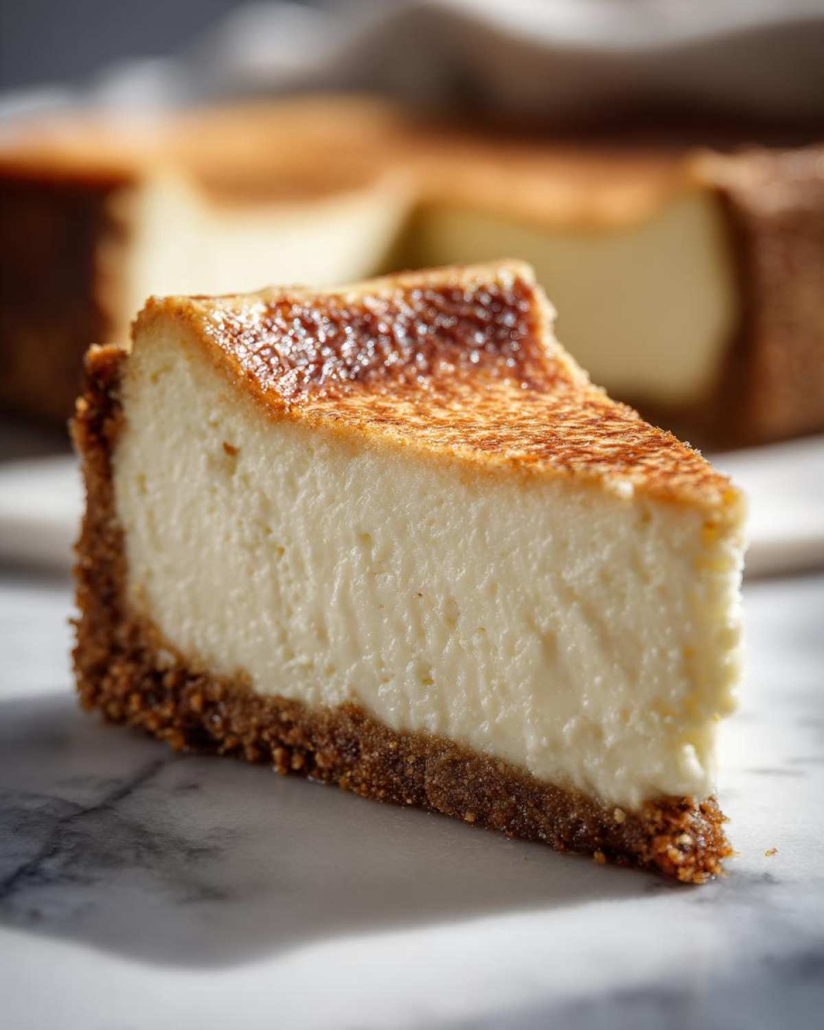 A perfect slice of creamy Protein Cheesecake with a thick graham cracker crust and a slightly browned top.