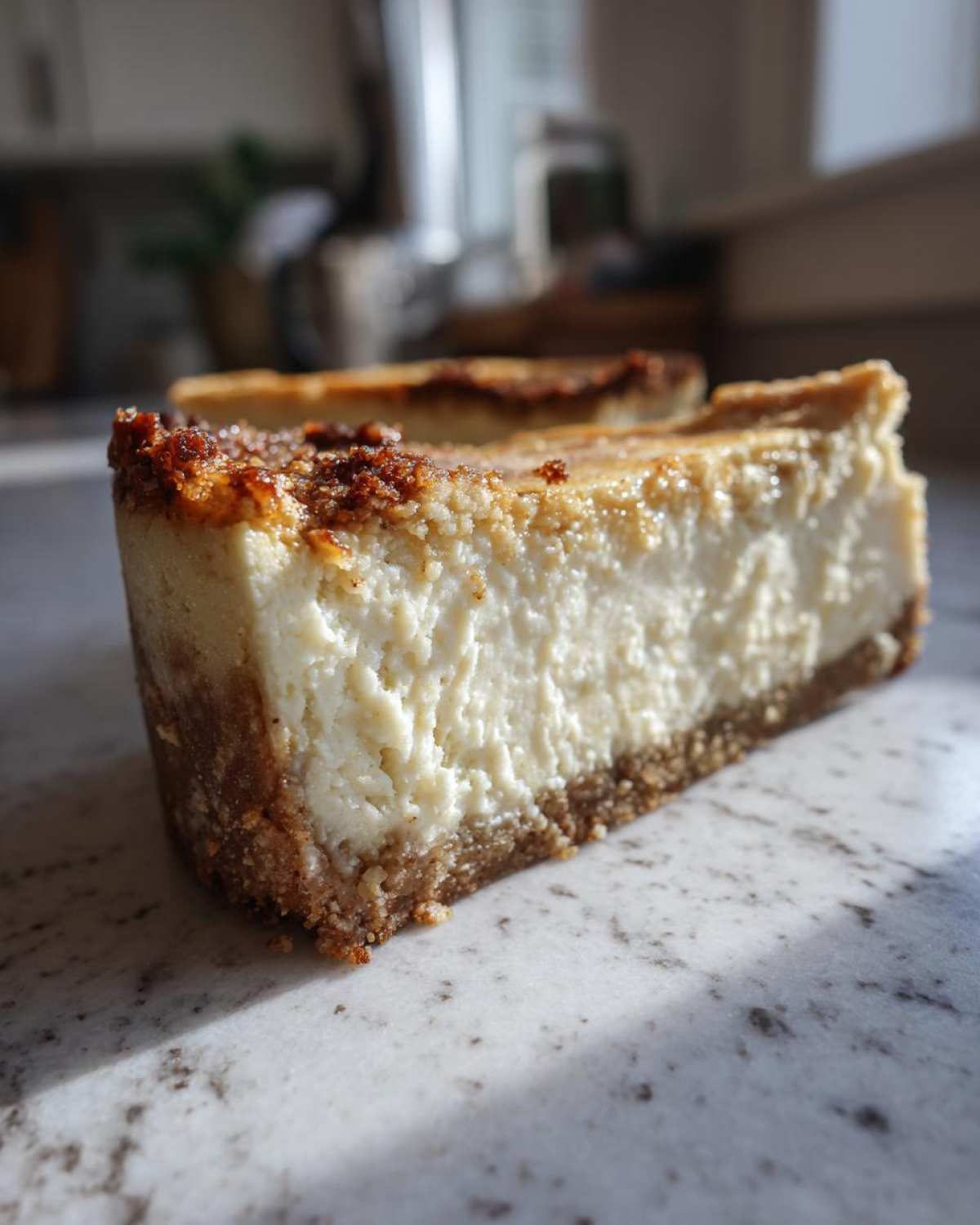 Close-up of a thick slice of creamy Protein Cheesecake showing a textured graham cracker crust.
