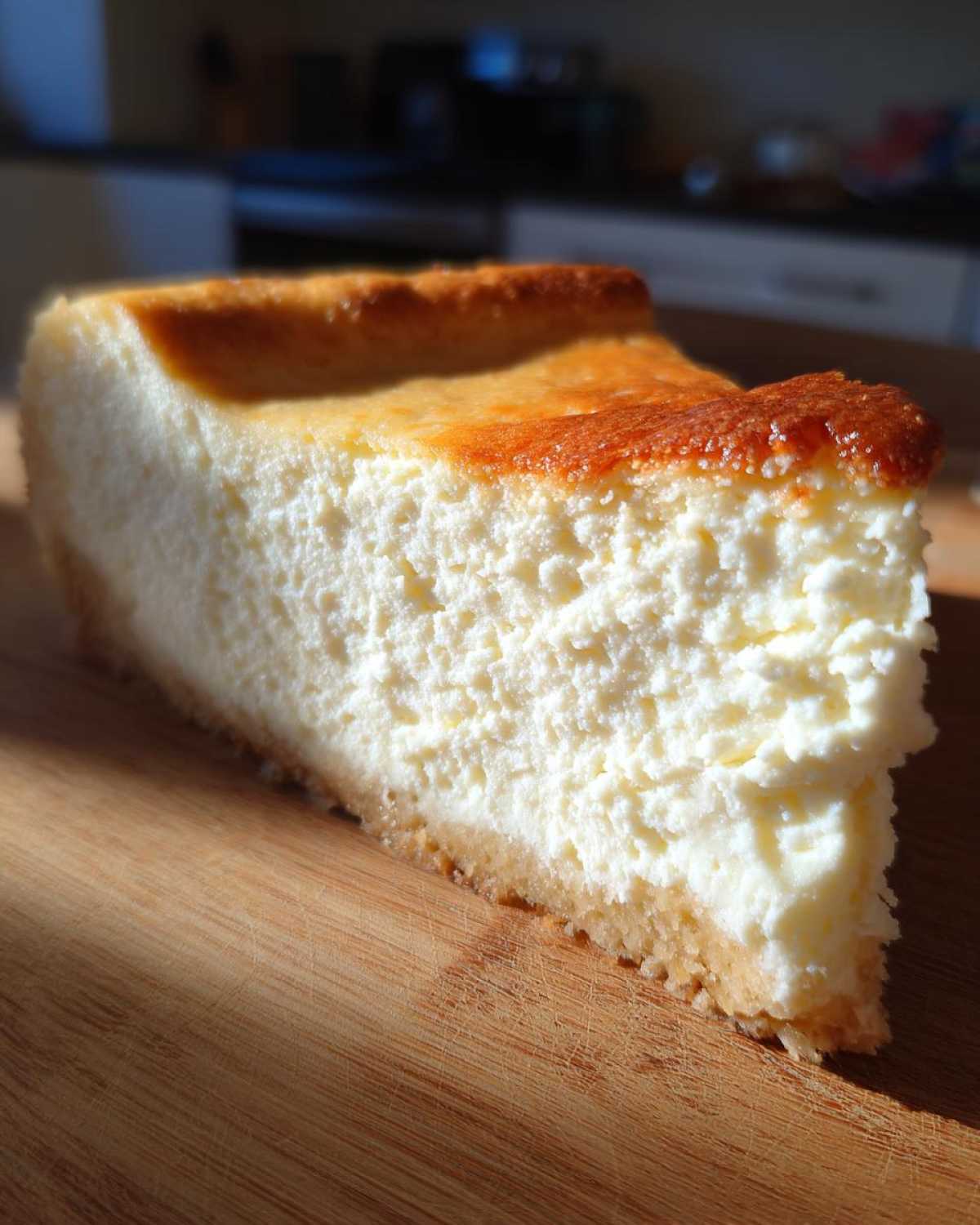 A thick slice of baked Protein Cheesecake with a golden top, resting on a wooden cutting board.