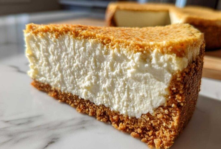 Close-up of a thick slice of creamy Protein Cheesecake showing the dense filling and golden graham cracker crust.