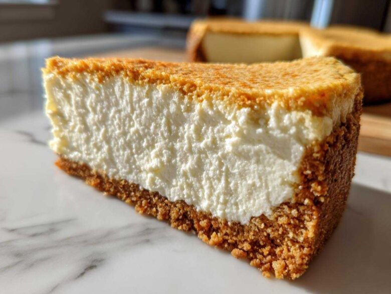 Close-up of a thick slice of creamy Protein Cheesecake showing the dense filling and golden graham cracker crust.