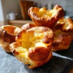Close-up of several golden brown, perfectly risen yorkshire pudding with a hollow, airy center.