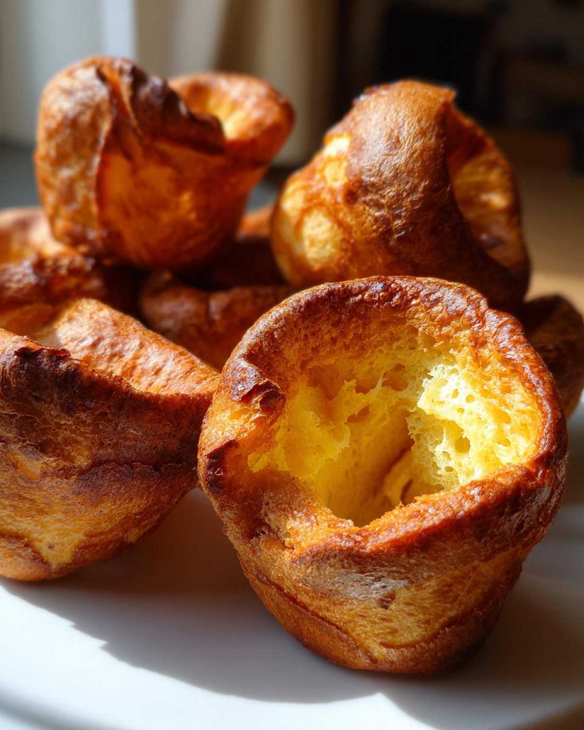 Close-up of several golden brown, perfectly risen Yorkshire pudding with hollow centers.