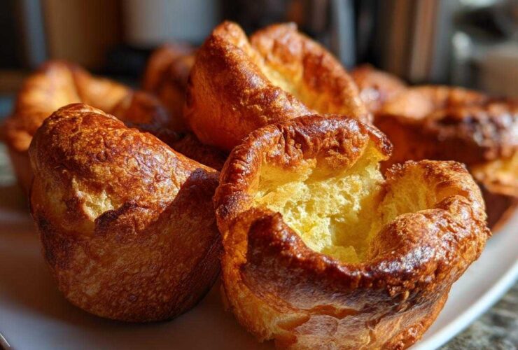 Close-up of several golden brown, perfectly risen yorkshire pudding pastries piled on a white plate.