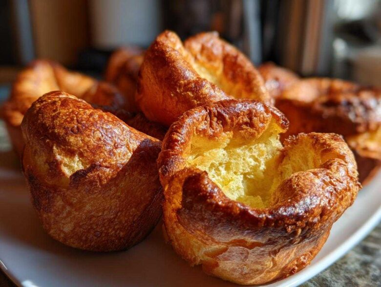 Close-up of several golden brown, perfectly risen yorkshire pudding pastries piled on a white plate.