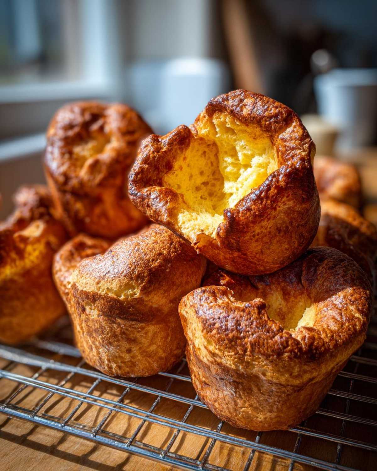 Close-up of several golden brown, puffed Yorkshire puddings cooling on a wire rack, one is broken open showing the airy interior.