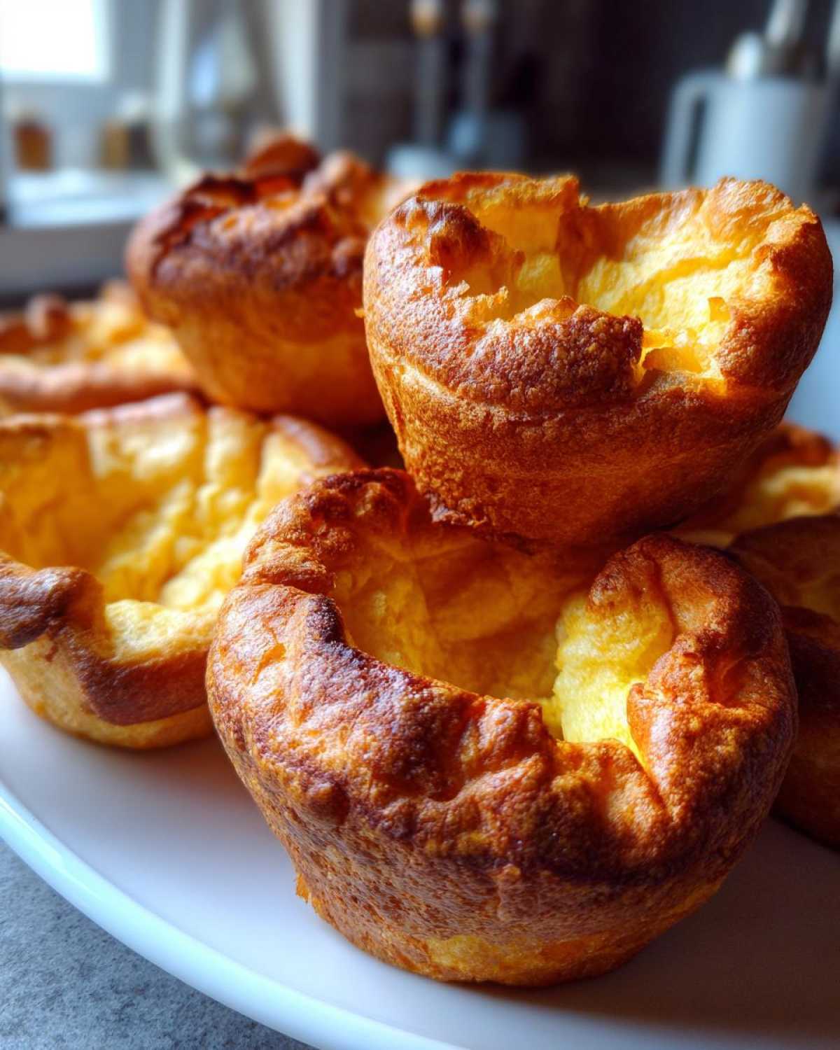 A close-up stack of golden brown, perfectly risen Yorkshire pudding on a white plate.