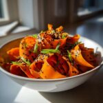 Close-up of a vibrant raw carrot salad made with shaved carrot ribbons, topped with black sesame seeds and green onions.