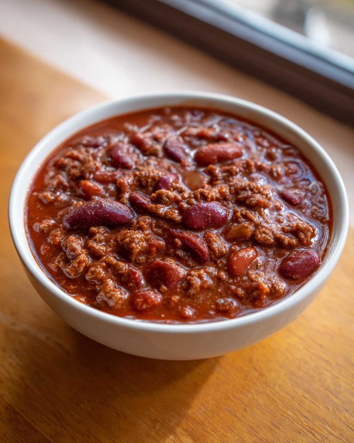 Close-up of a hearty bowl of chili with ground meat and kidney beans, showcasing the best chili recipe.