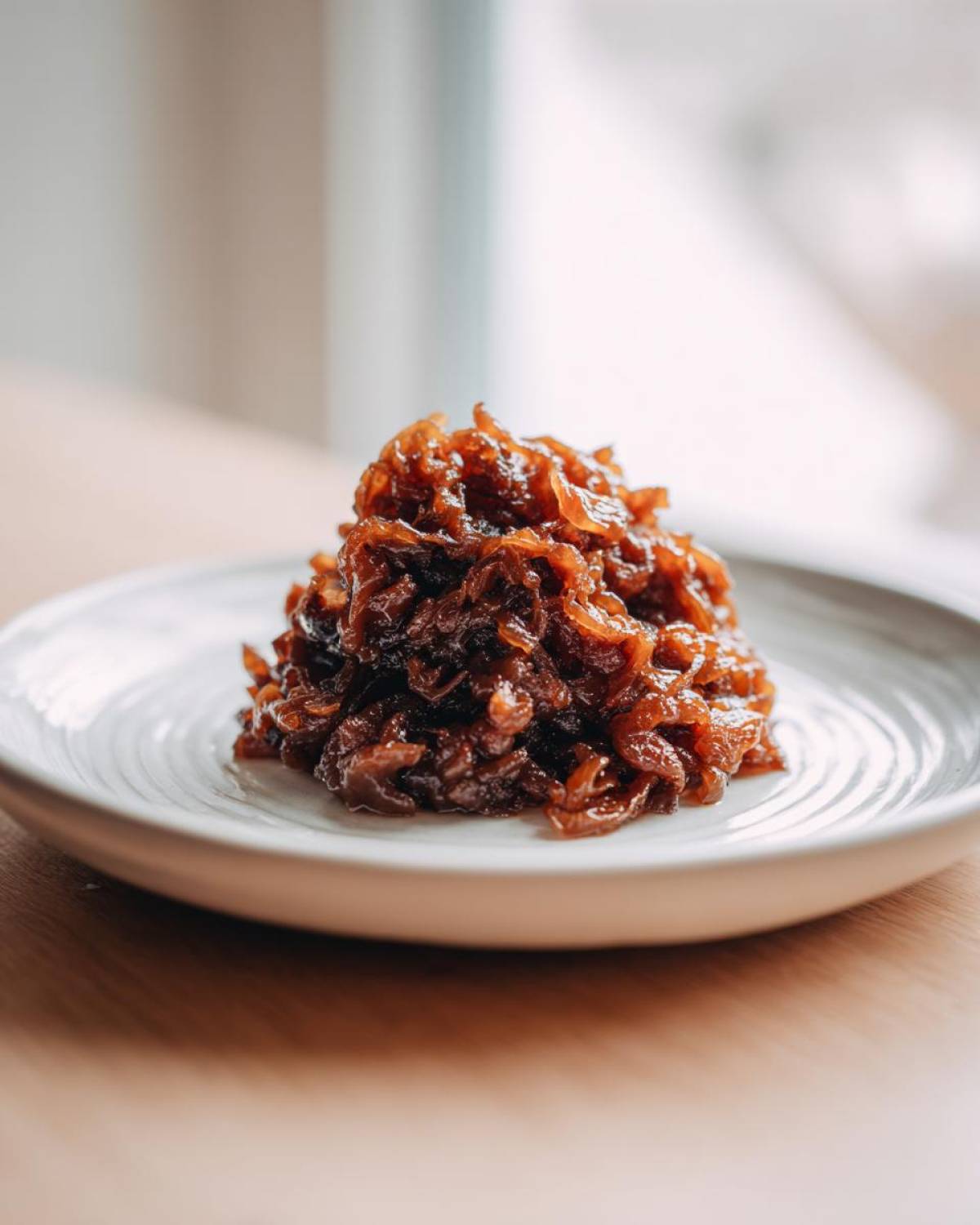 A small mound of deeply browned, glossy caramelized onions served on a light-colored plate.