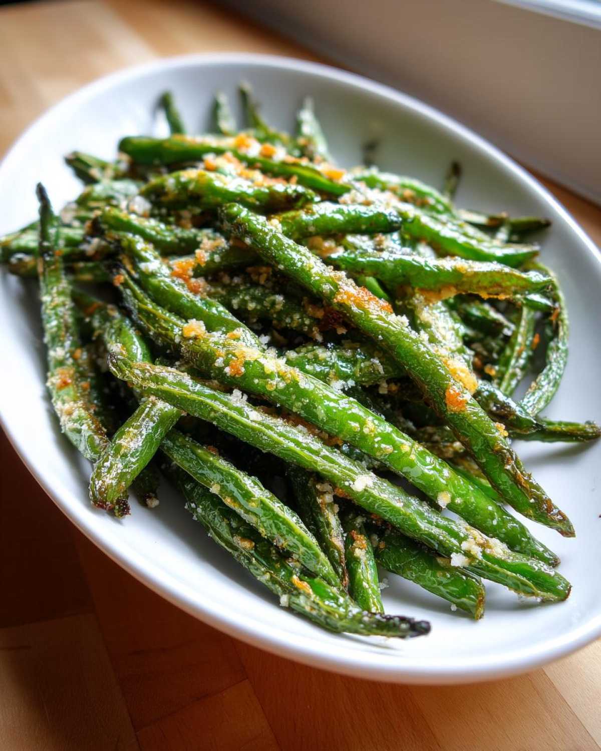 Close-up of bright green beans tossed with Parmesan cheese and roasted, served in a white oval dish.