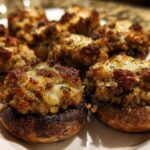 Close-up of several golden-brown, baked Sausage stuffed mushrooms piled on a white serving plate.