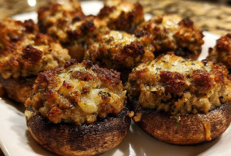 Close-up of several golden-brown, baked Sausage stuffed mushrooms piled on a white serving plate.