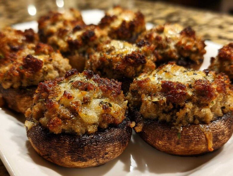 Close-up of several golden-brown, baked Sausage stuffed mushrooms piled on a white serving plate.