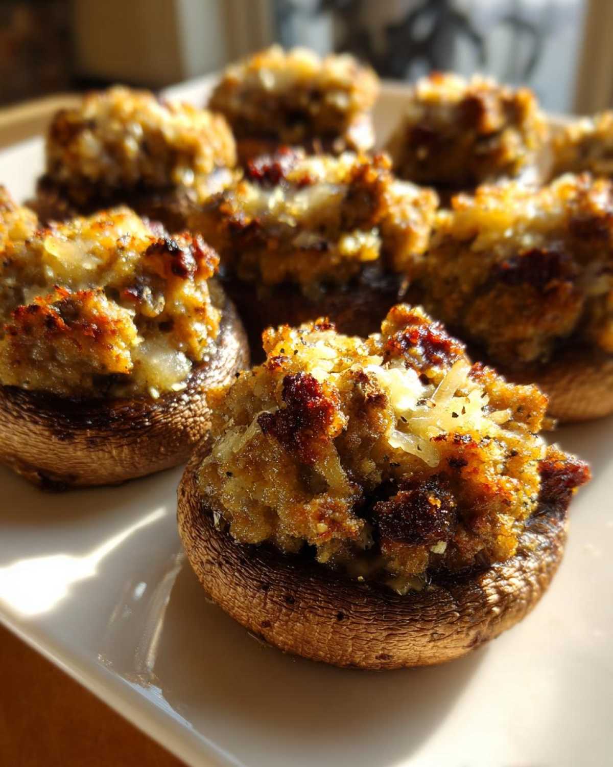Close-up of baked Sausage stuffed mushrooms with browned, cheesy topping served on a white platter.