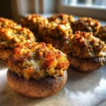 Close-up of perfectly baked sausage stuffed mushrooms with a golden, crispy topping and melted cheese.
