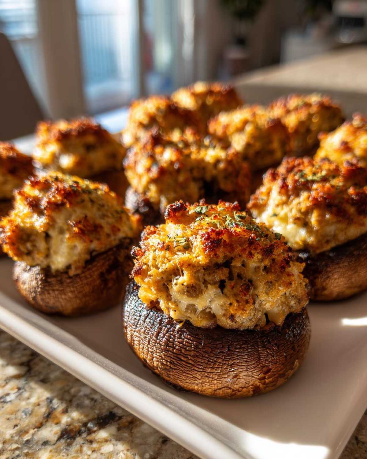Close-up of freshly baked sausage stuffed mushrooms with browned, herbed topping served on a white platter.