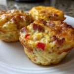Close-up of three savory Egg Muffin Cups with visible ham and red pepper pieces, freshly baked.