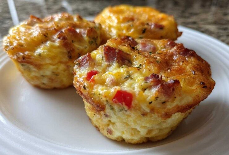 Close-up of three savory Egg Muffin Cups with visible ham and red pepper pieces, freshly baked.