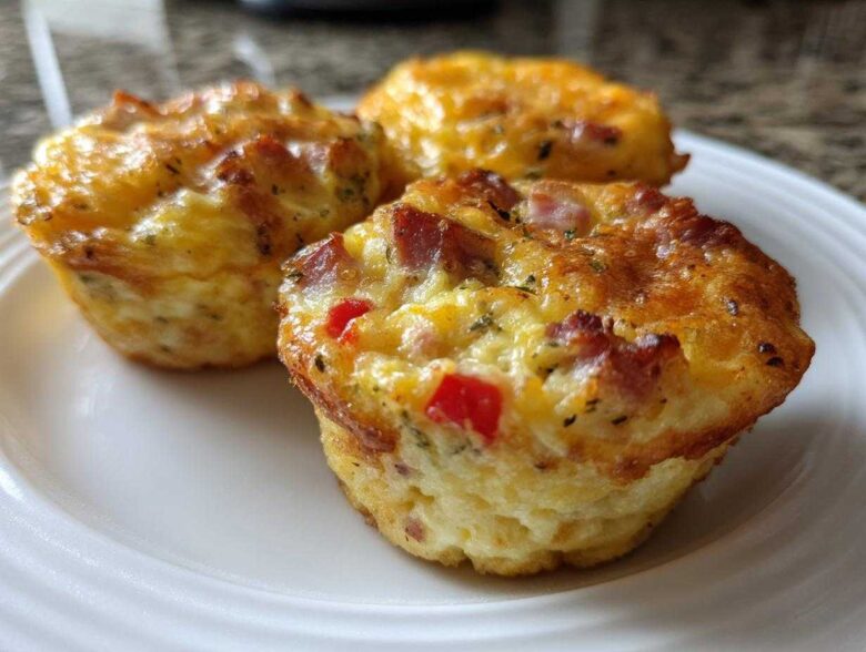 Close-up of three savory Egg Muffin Cups with visible ham and red pepper pieces, freshly baked.