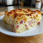 A hearty square serving of creamy scalloped potatoes and ham with a golden, bubbly cheese crust.