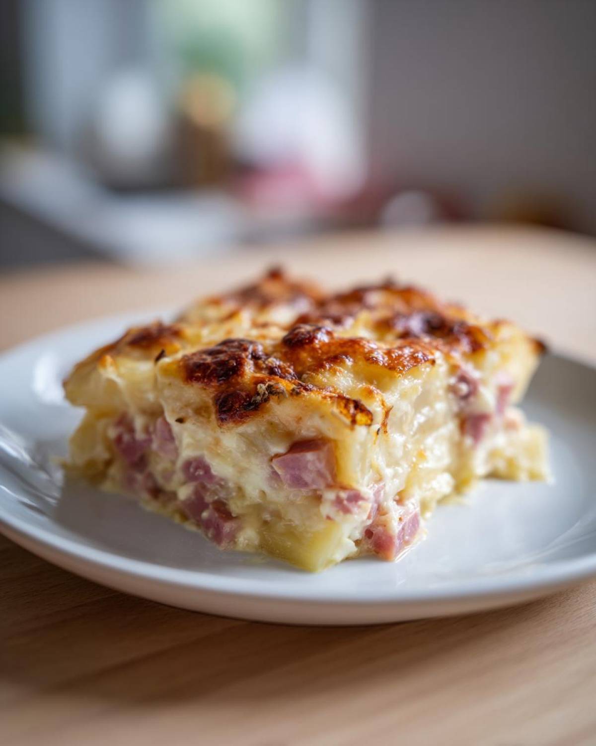 A square slice of creamy scalloped potatoes and ham casserole with a golden, bubbly cheese crust.