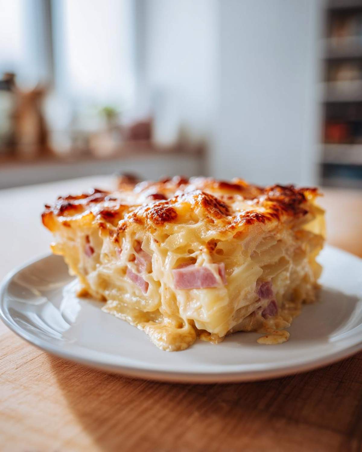 A generous square serving of creamy scalloped potatoes and ham with a golden, bubbly cheese crust.