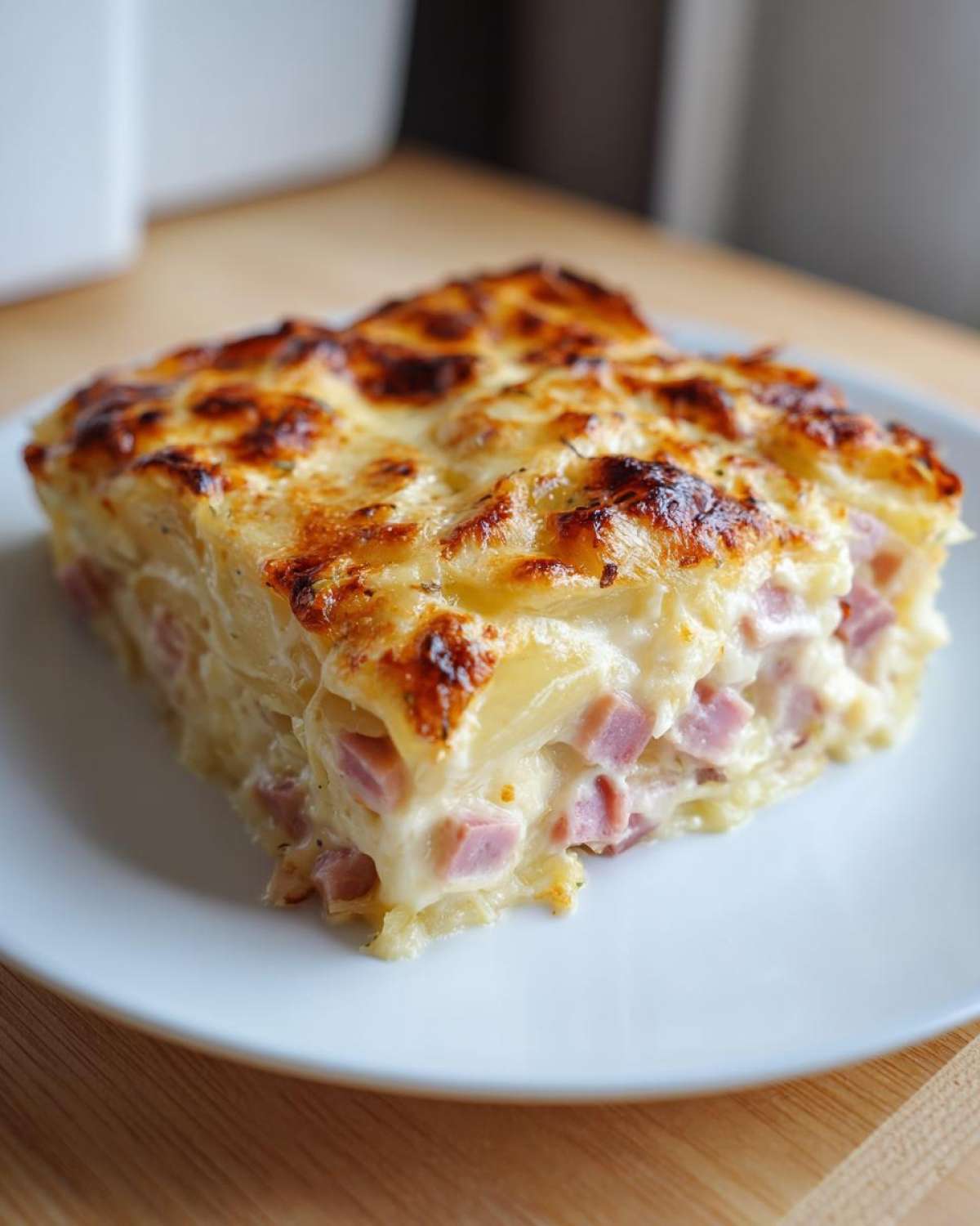 A square serving of creamy scalloped potatoes and ham with a golden-brown, bubbly cheese topping.