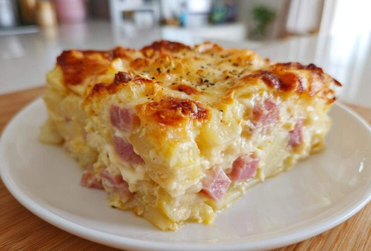A thick, square slice of creamy scalloped potatoes and ham casserole with a golden, bubbly cheese crust.