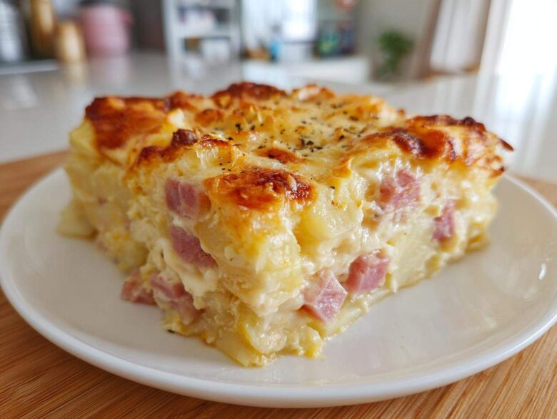 A thick, square slice of creamy scalloped potatoes and ham casserole with a golden, bubbly cheese crust.