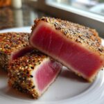 Close-up of perfectly seared ahi tuna, sliced to show the rare, bright red center and sesame seed crust.