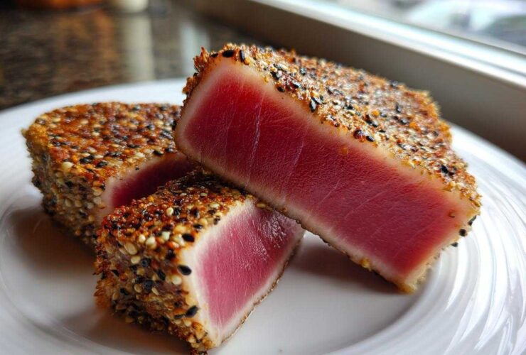 Close-up of perfectly seared ahi tuna, sliced to show the rare, bright red center and sesame seed crust.
