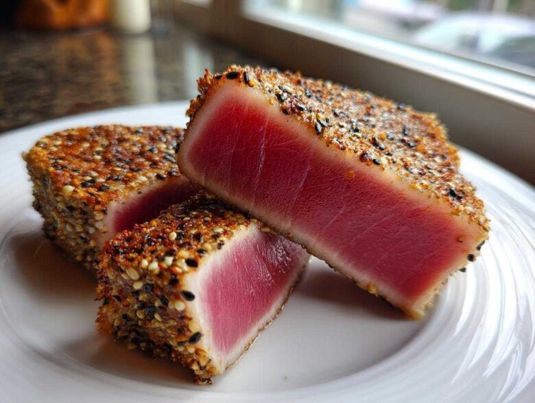Close-up of perfectly seared ahi tuna, sliced to show the rare, bright red center and sesame seed crust.