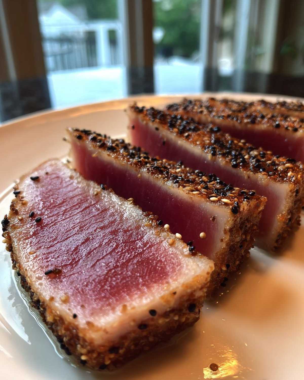 Four thick slices of perfectly seared ahi tuna, crusted with black and white sesame seeds, showing a bright red center.